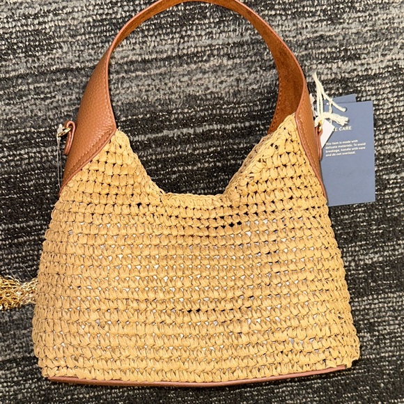 Woven Straw Shoulder Bag with Brown Leather Trim - Picture 3 of 3